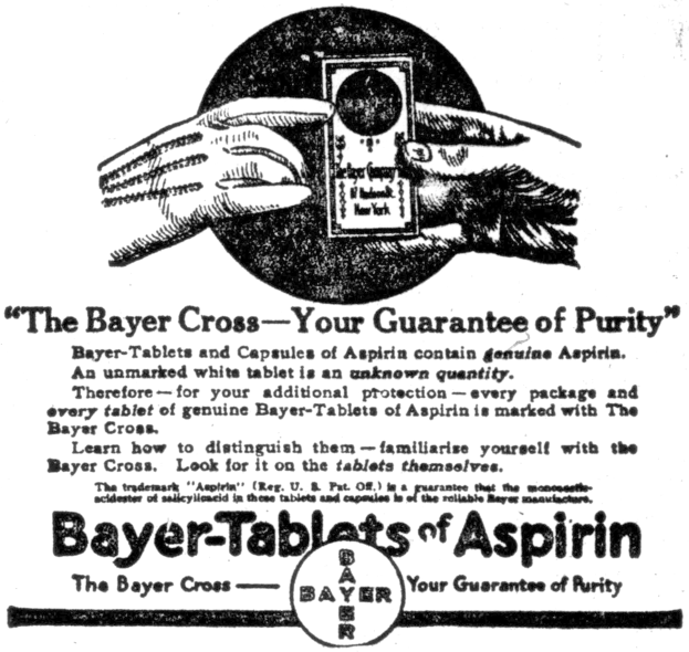 Schwarzes und weißes Plakat mit einer Hand, die eine Bayer-Aspirin-Tablette hält, und dem Text "Das Bayer-Kreuz - Ihre Garantie für Reinheit" darunter.