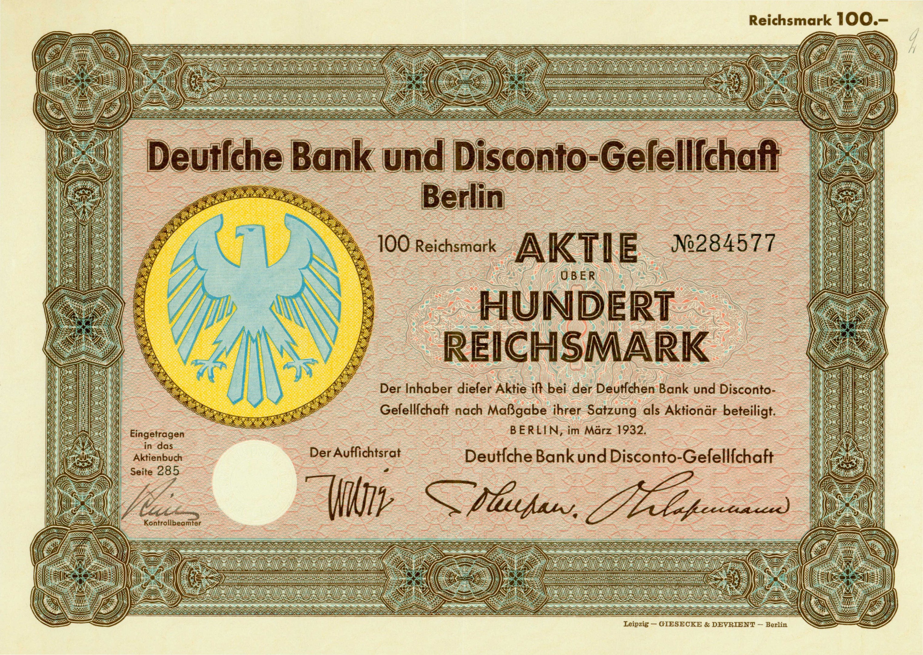 Alte deutsche Banknote mit einer Vogeldarstellung und dem Text "Deutsche Bank und Disconto-Gesellschaf Berlin".