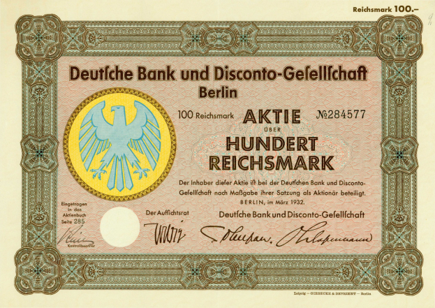 Alte deutsche Banknote mit einer Vogeldarstellung und dem Text "Deutsche Bank und Disconto-Gesellschaf Berlin".