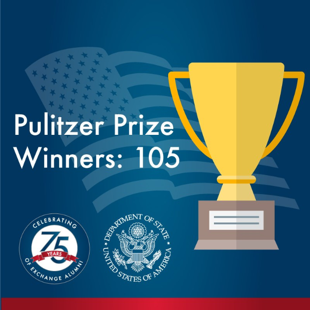 Ein Plakat mit einem zentralen Becher-Symbol umgeben von Text und Logos, das "Pulitzer-Preis-Gewinner 105" liest.