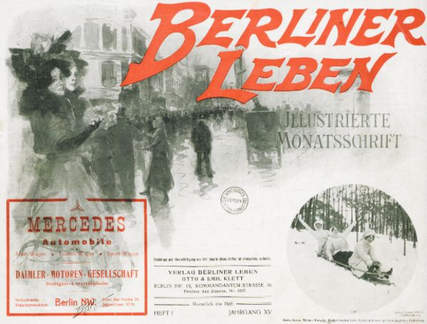 Eine Werbung für ein Mercedes-Benz-Auto in Berlin, Deutschland, mit einer Gruppe von Menschen, Bäumen, Gebäuden, Text und einem Stempel.