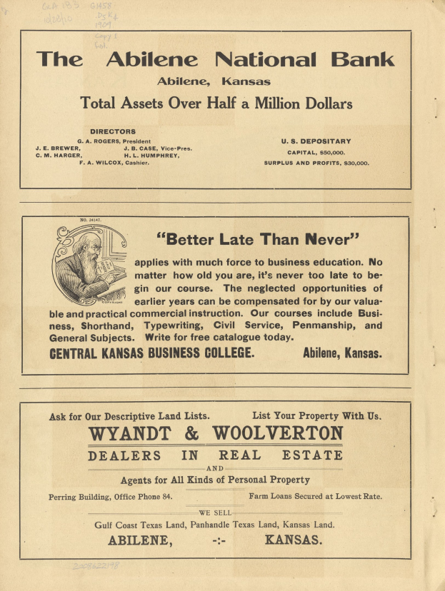 Schwarze und weiße Zeitungsanzeige für die Abilene National Bank mit einer Person in der Mitte und Text, der die Dienstleistungen der Bank beschreibt.