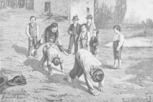 Eine Gruppe von Kindern auf einem Feld, mit zwei Jungen in der Mitte in eine körperliche Auseinandersetzung vertieft, umgeben von anderen Kindern, einem Hut und etwas Text auf der linken Seite, dargestellt in Schwarz-Weiß.