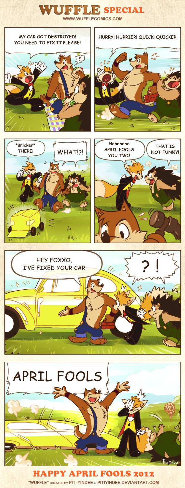 Comicstrip-Plakat mit dem Titel "Aprilscherz", das einen Cartoon-Mann und -Frau in einer Diskussion vor einem hellblauen Himmel mit weißen Wolken zeigt, wobei einer der beiden emphatisch gestikuliert.