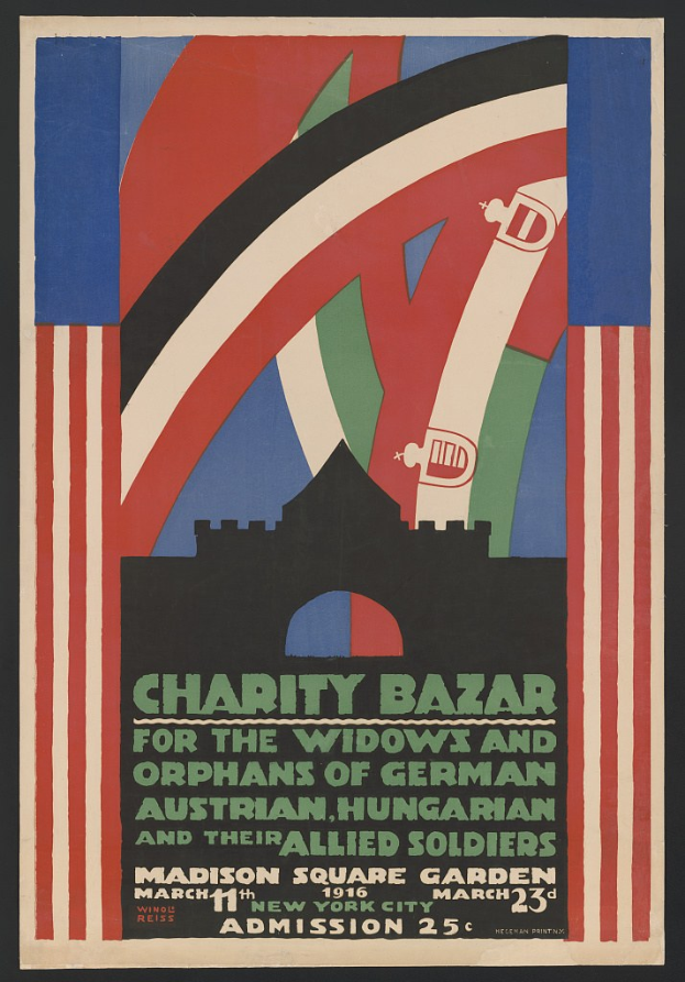 Charity-Bazar-Plakat für die Witwen und Waisen deutscher, australischer, ungarischer und alliierter Soldaten mit Text zu den Veranstaltungdetails.