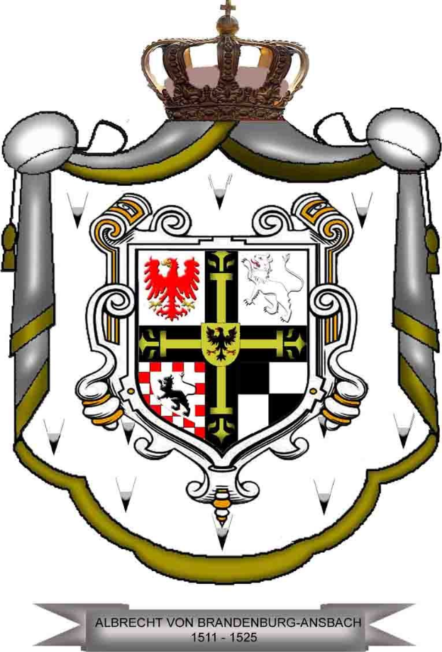Wappen von Brandenburg-Ansbach mit einem gekrönten Schild mit einem springenden Löwen links, einem Chevron rechts und dem Wort «Brandenburg» in fetter schwarzer Schrift darunter.