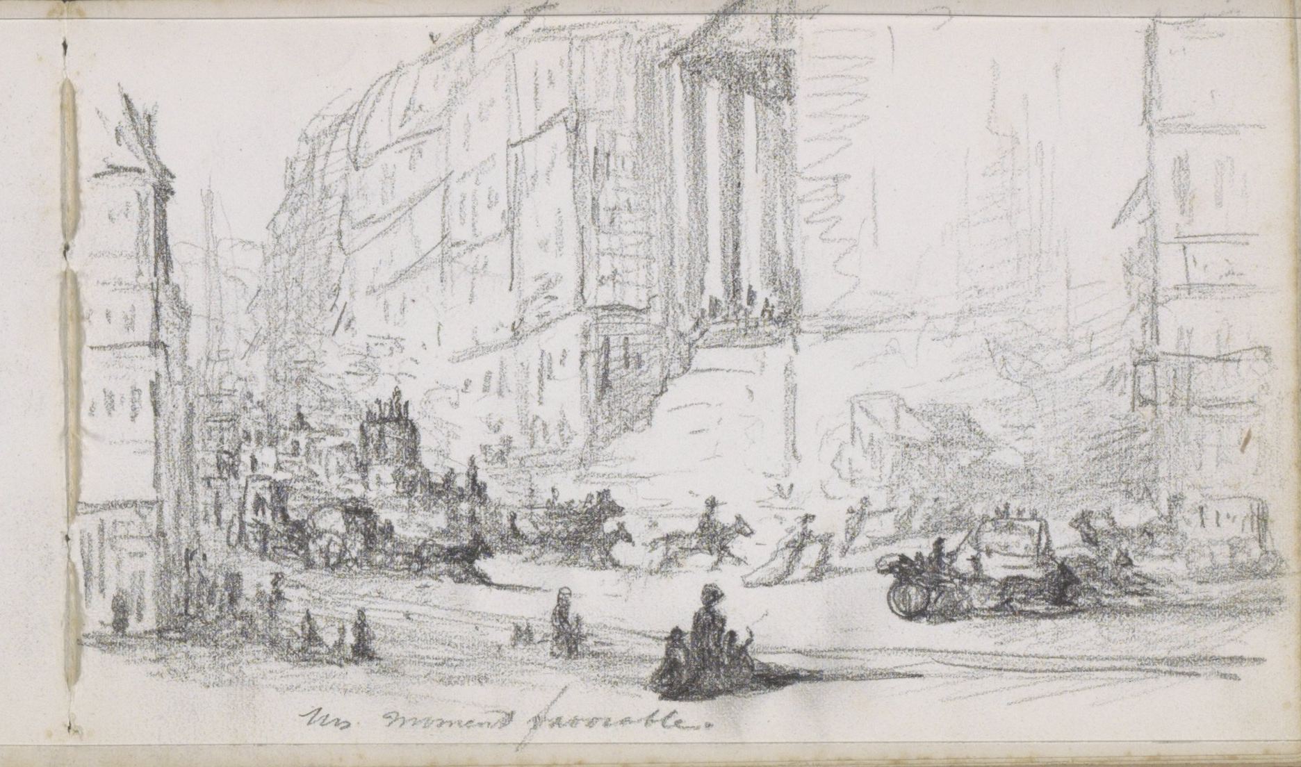 Eine detaillierte Zeichnung einer belebten Stadtstraßenszene mit Menschen, Fahrzeugen und Gebäuden, geschaffen von Joseph Mallord William Turner, mit Text unten.