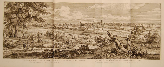 Offenes Buch mit dem Titel 'Ansicht der Schlacht von Castellum und Castellium, aus der Illustrated London News' mit einer historischen Schlacht-Szene mit Menschen, Bäumen, Pflanzen, Gebäuden und Wolken.