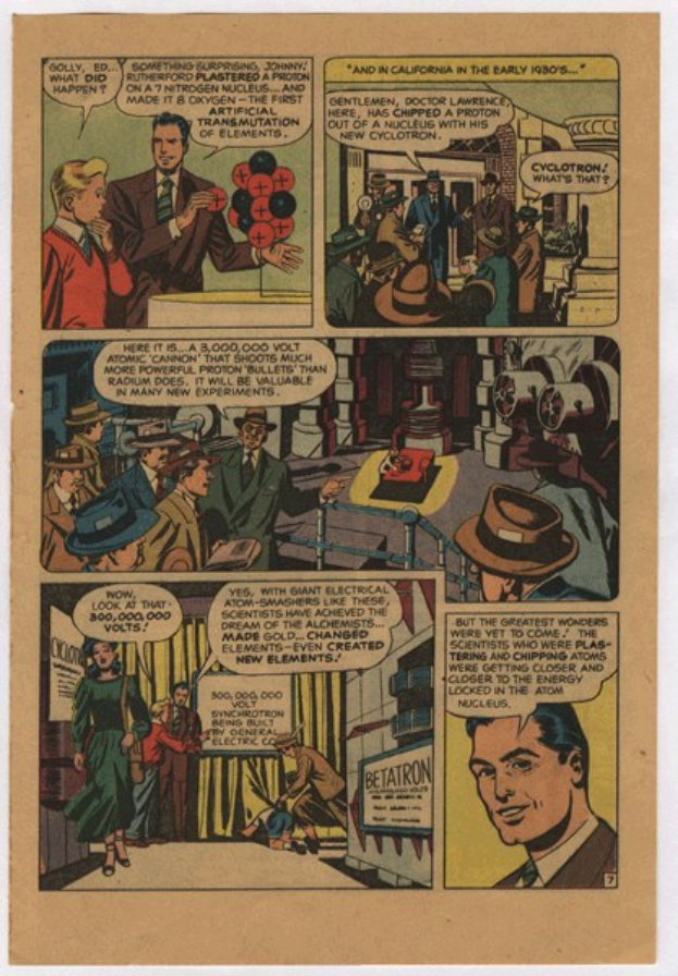 Eine Comicseite mit einem Mann in einem blauen Anzug, weißem Hemd und roter Krawatte mit einem ernsten Gesichtsausdruck, umgeben von Collagen-Illustrationen und fetter schwarzer Schrift.