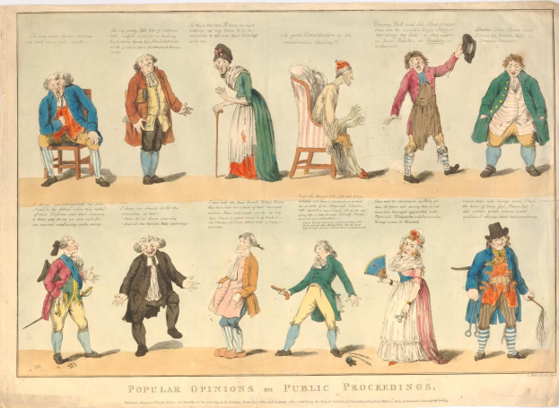 Zeitung mit Abbildungen von Menschen und handgeschriebenem Text, repräsentiert öffentliche Meinungen zu den Vorgängen.