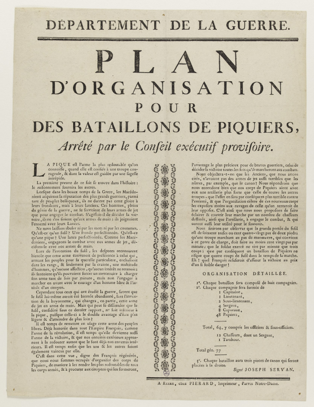 Ein historisches Dokument mit dem Titel "Plan d'Organisation pour des Bataillons de Piquiers, Arreté par le Conseil Executif Provifoire", das die Organisation für die Schlacht von Piquier beschreibt.