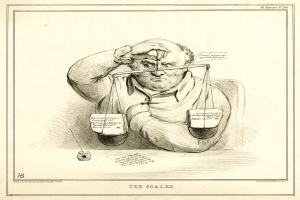 Ein Mann in einem Anzug sitzt an einem Tisch mit einer Waage, sieht entschlossen aus, mit Papieren mit Wörtern und Zahlen davor.