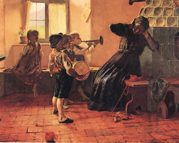 Gemälde mit dem Titel 'Die Musikstunde' von Gustave Courbet, 1872, das Kinder bei der Musikinstrumenten playing in einem Raum mit einer sitzenden Frau auf einer Bank, verstreuten Fäden und Hintergrundobjekten wie einer Wand, Fenster, Vorhang und Blumenvase zeigt.
