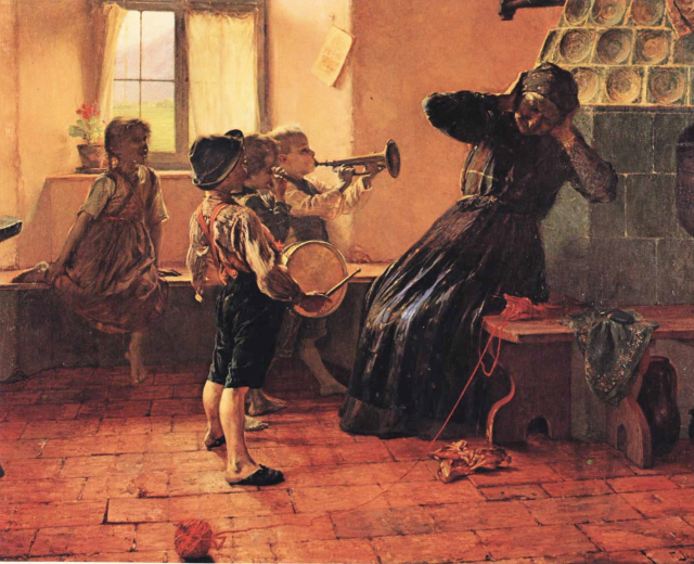 Gemälde mit dem Titel 'Die Musikstunde' von Gustave Courbet, 1872, das Kinder bei der Musikinstrumenten playing in einem Raum mit einer sitzenden Frau auf einer Bank, verstreuten Fäden und Hintergrundobjekten wie einer Wand, Fenster, Vorhang und Blumenvase zeigt.