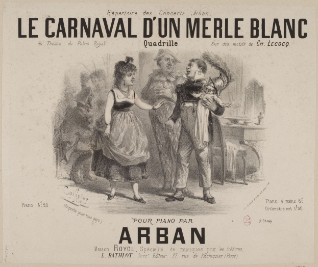 Eine Zeichnung auf Papier zeigt einen Mann und eine Frau in traditioneller Kleidung vor einem festlichen Karneval, mit der Aufschrift "le carnaval d'un merle blanc" darüber.