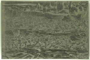 Eine Schwarz-Weiß-Zeichnung einer chaotischen Szene mit aufgeregten Menschen, die weglaufen, hohen Gebäuden im Hintergrund und verstreuten Gegenständen, mit Text unten.