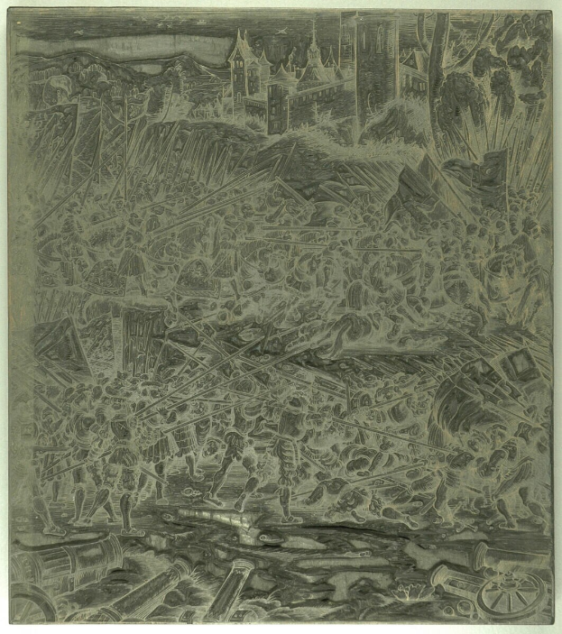 Eine Schwarz-Weiß-Zeichnung einer chaotischen Szene mit aufgeregten Menschen, die weglaufen, hohen Gebäuden im Hintergrund und verstreuten Gegenständen, mit Text unten.