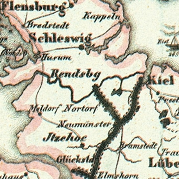 Alte detaillierte Karte von Schleswig-Holstein mit Straßen, Gebäuden und Sehenswürdigkeiten, versehen mit Text über Bevölkerung, Straßen und bemerkenswerte Merkmale.