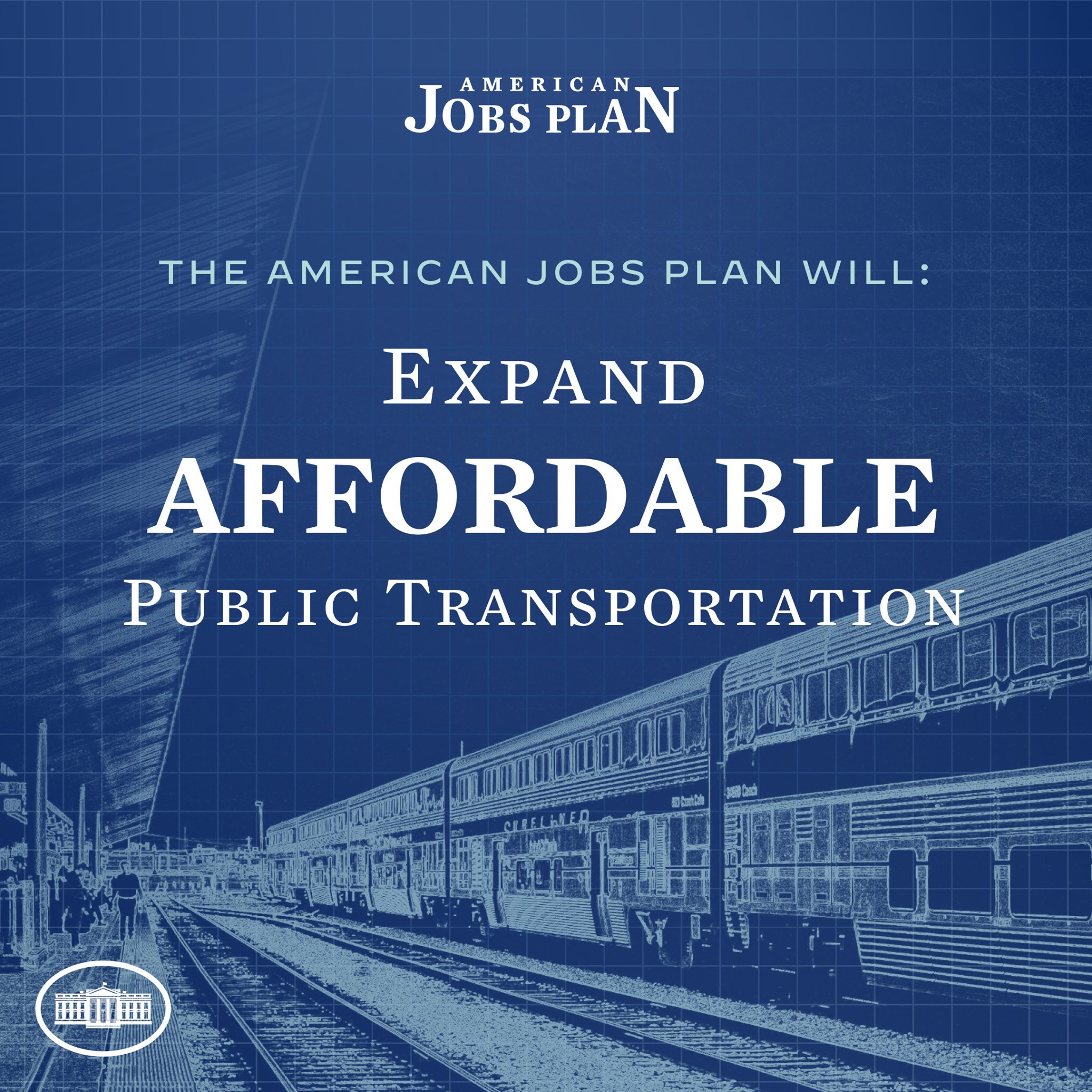 Plakat mit einer Bahn auf einem Gleis mit ein paar Menschen in der Nähe und dem Text "The American Jobs Plan Will Expand Affordable Public Transportation."