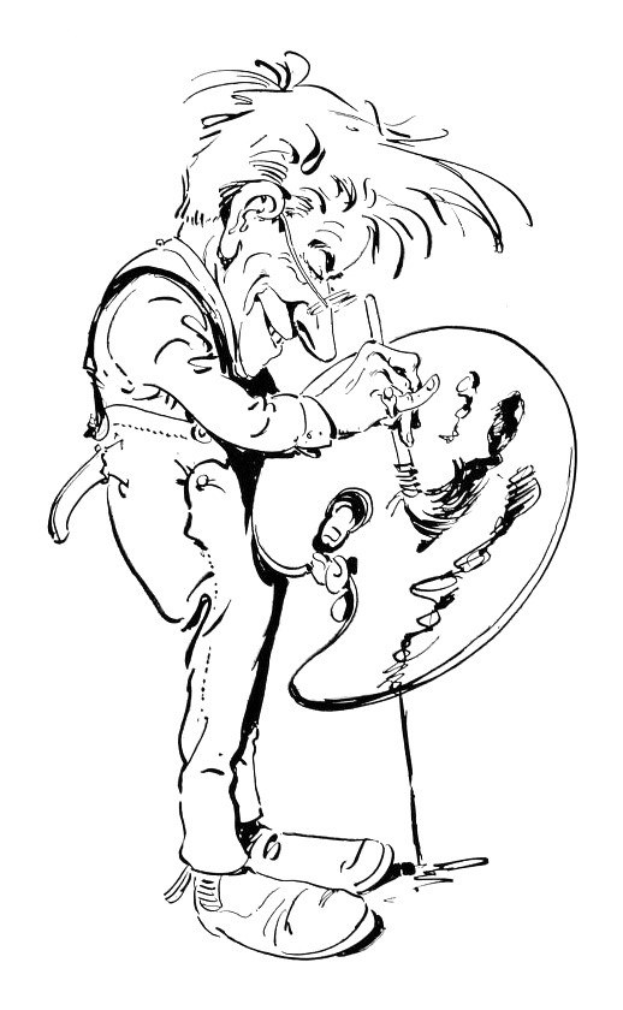 Schwarze und weiße Zeichnung eines Mannes, der eine Gitarre spielt und sie in seinen Händen hält, mit konzentrierter Miene und geschlossenen Augen.