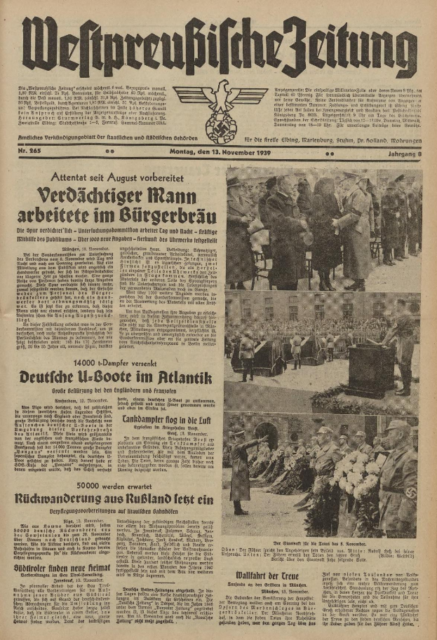 Titelseite der deutschen Zeitung 'Weitpreubliche Zeitung' vom 13. November 1939 mit einer Gruppe von Menschen in traditioneller deutscher Tracht in einer festlichen Umgebung.