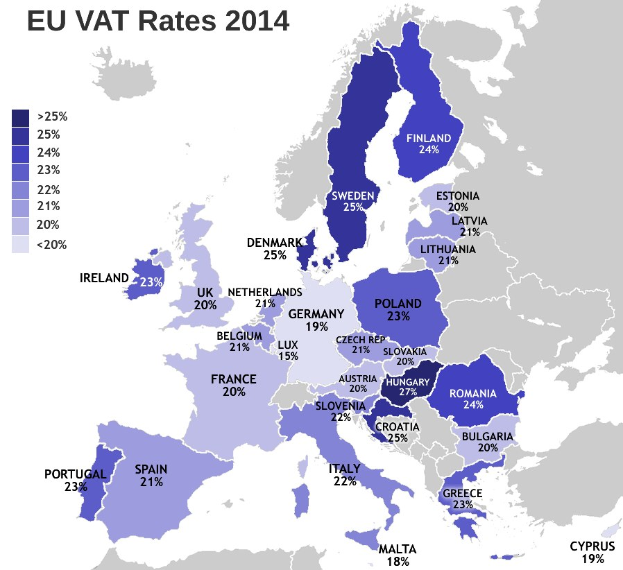 Eine Europakarte, die die EU-Mehrwertsteuersätze von 2014 mit Prozentangaben und Textlabels zeigt.