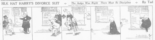 Cartoon-Illustration eines Mannes in einem schwarzen Anzug mit weißem Hemd und schwarzer Krawatte sowie einer Frau in einem eleganten Kleid mit einem schwarzen Schultertuch, beide mit ernsten Gesichtern, beschriftet mit "Scheidungsklage."