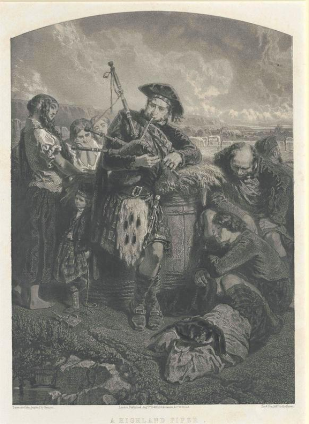 Schwarz-weißes Gravur eines Mannes, der eine Dudelsack vor einer Gruppe von Menschen spielt, mit einem bewölkten Himmel und der Inschrift "Ein Highland-Pfeife" unten.