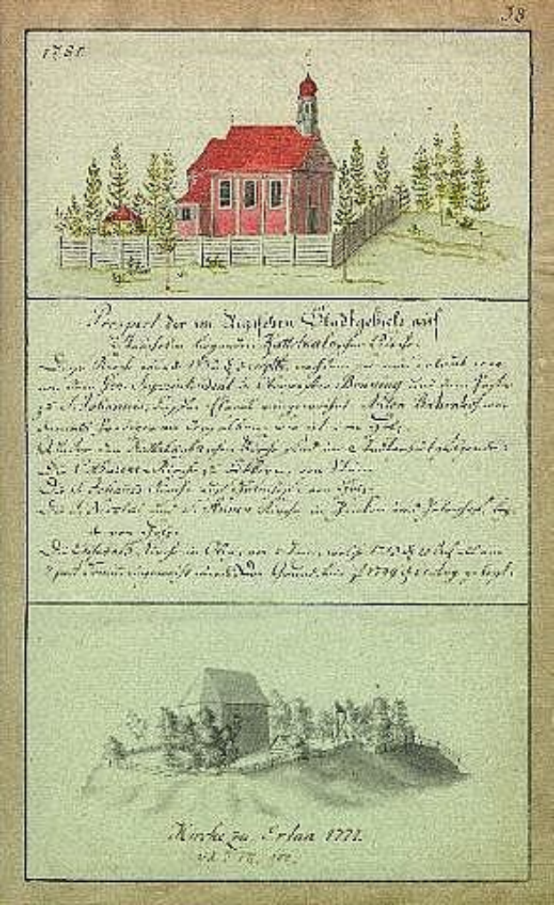 Ein 1777 deutscher Schulbuch mit einer Abbildung eines roten Hauses, umgeben von Bäumen und einem Zaun.