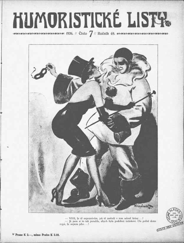 Schwarzes und weißes Plakat aus dem Jahr 1926 mit einem Mann in Zylinder und einer Frau mit Musikinstrument, die tanzen