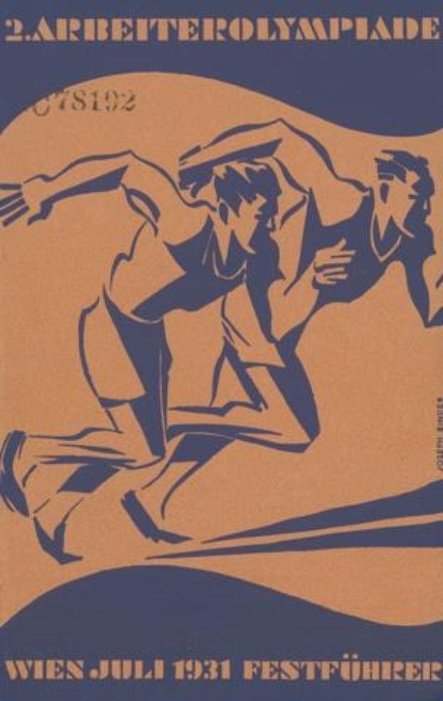 Plakat für die Olympischen Spiele 1932 in Berlin, das zwei Läufer in der Vordergrund zeigt.