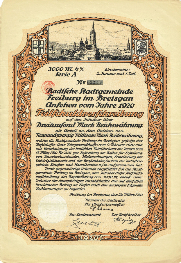 Alter deutscher Aktienzertifikat mit Stadtansicht